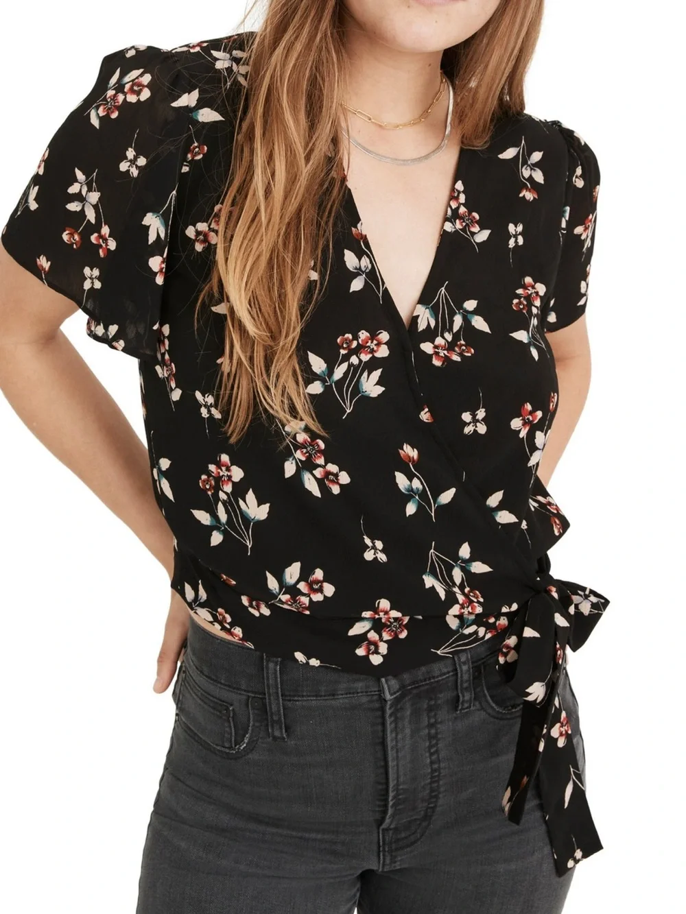 Madewell Botanical Print Wrap Top Blouse in True Black Size S EUC